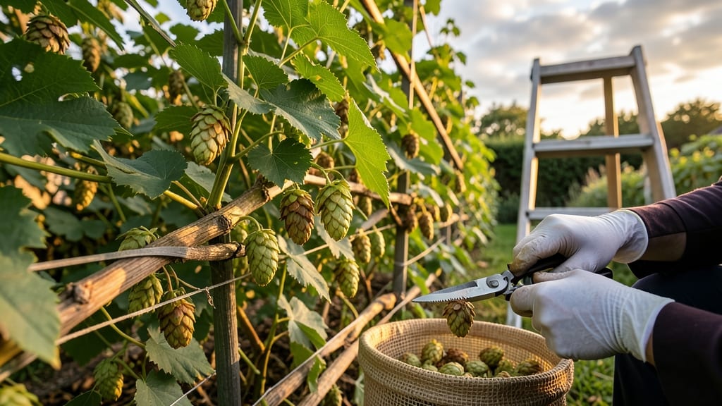 Hops Harvest Time: Cones Turn Golden-Brown & Snap Easily