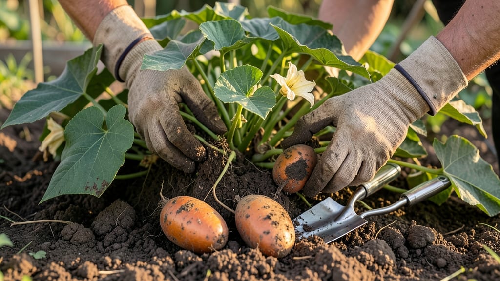 When to Harvest Sweet Potatoes: Skin Slips Easily, Roots Feel Golf-Ball Sized